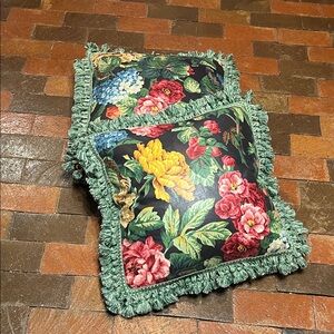 2 custom made feather floral pillows braided & fringed edge 21 x 21 Cottagecore